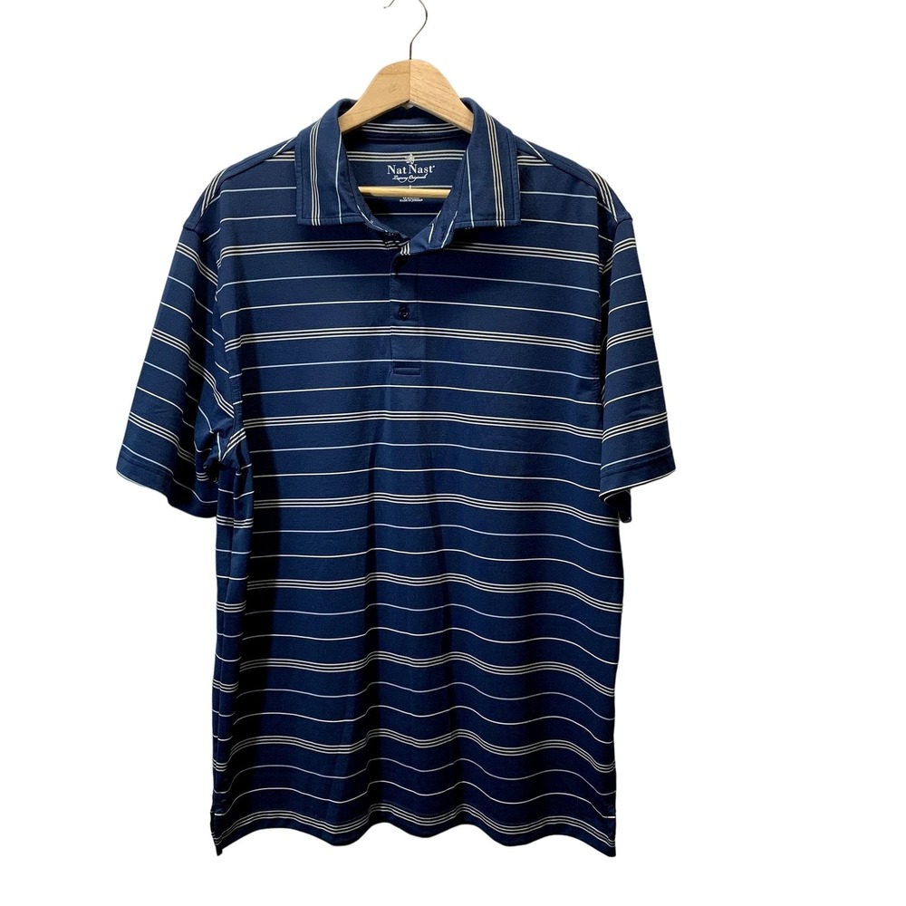 Nat Nast Luxury Originals Polo Shirt Mens Large Blue Striped Short Sleeve Top